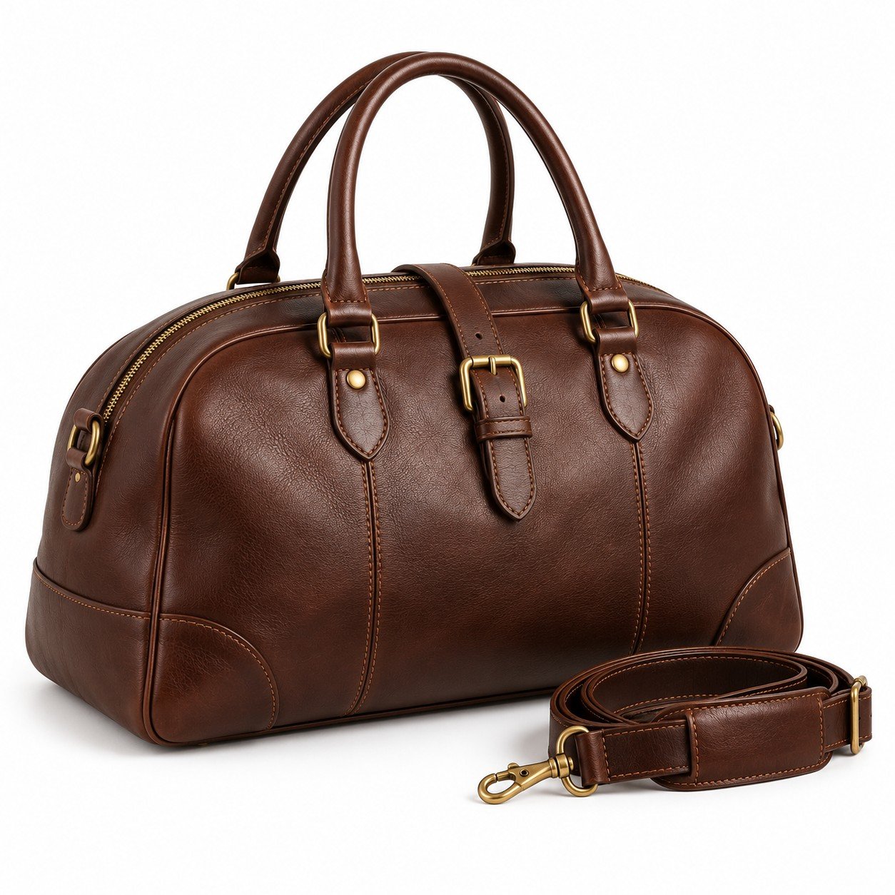 Chocolate Single Buckle Leather Overnight Bag