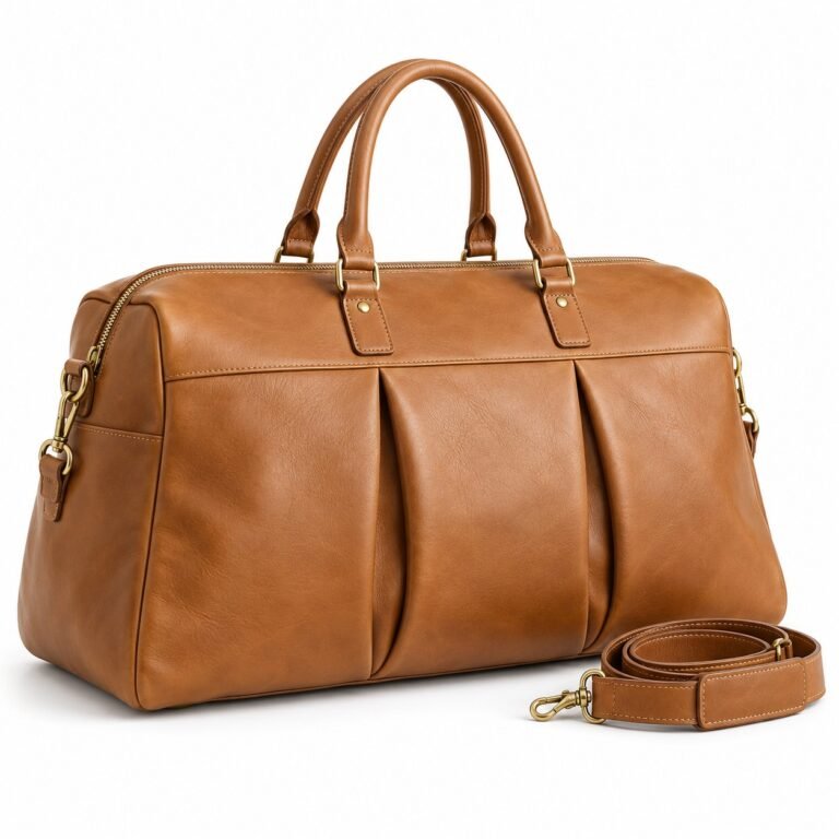Camel Pleated Front Leather Weekender Bag