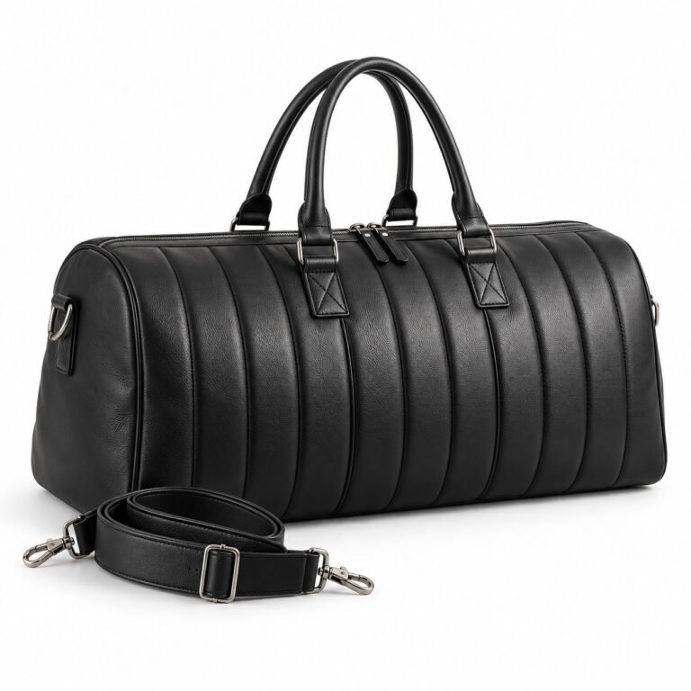 Black Channel Stitch Leather Duffel Bag