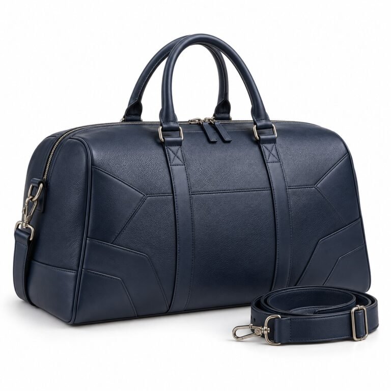 Navy Art Deco Leather Weekender Bag