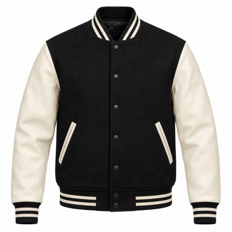 Men's Black & Ivory Plain Varsity Jacket - Classic Snap Front