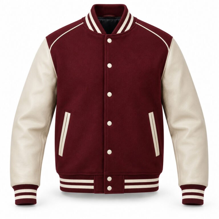 Men's Burgundy & Cream Plain Varsity Jacket - Contrast Piping
