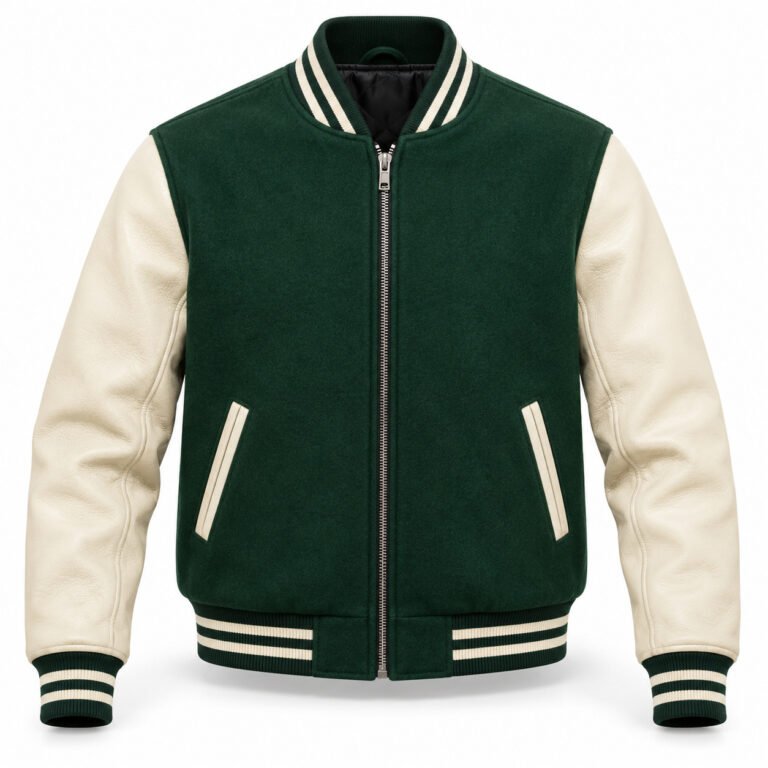 Men's Forest Green & Cream Plain Varsity Jacket - Zip Front