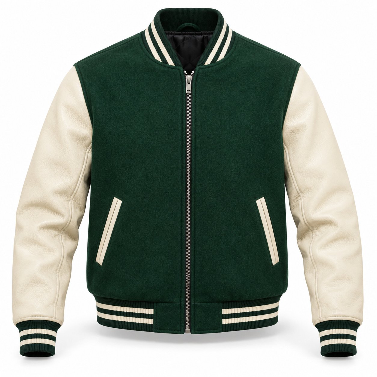 Men's Forest Green & Cream Plain Varsity Jacket - Zip Front
