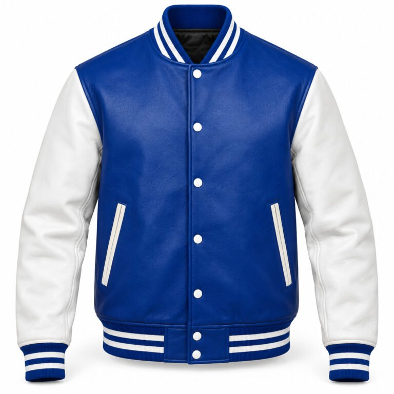 Men's Royal Blue & White Plain Varsity Jacket - All Leather