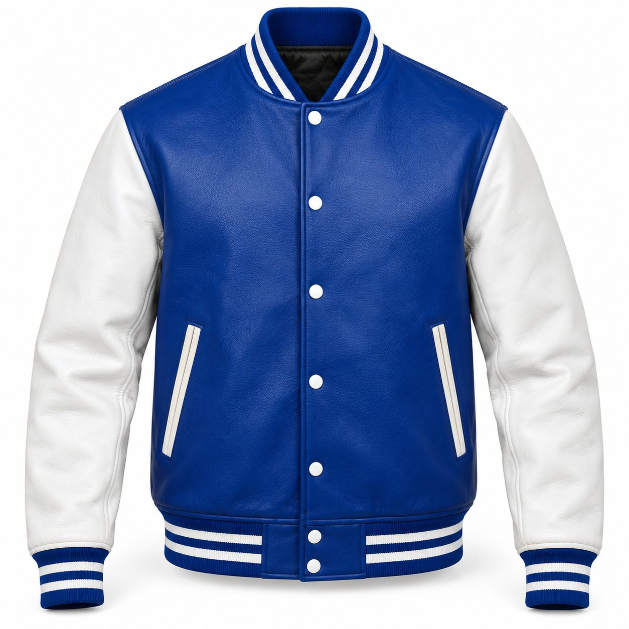 Men's Royal Blue & White Plain Varsity Jacket - All Leather
