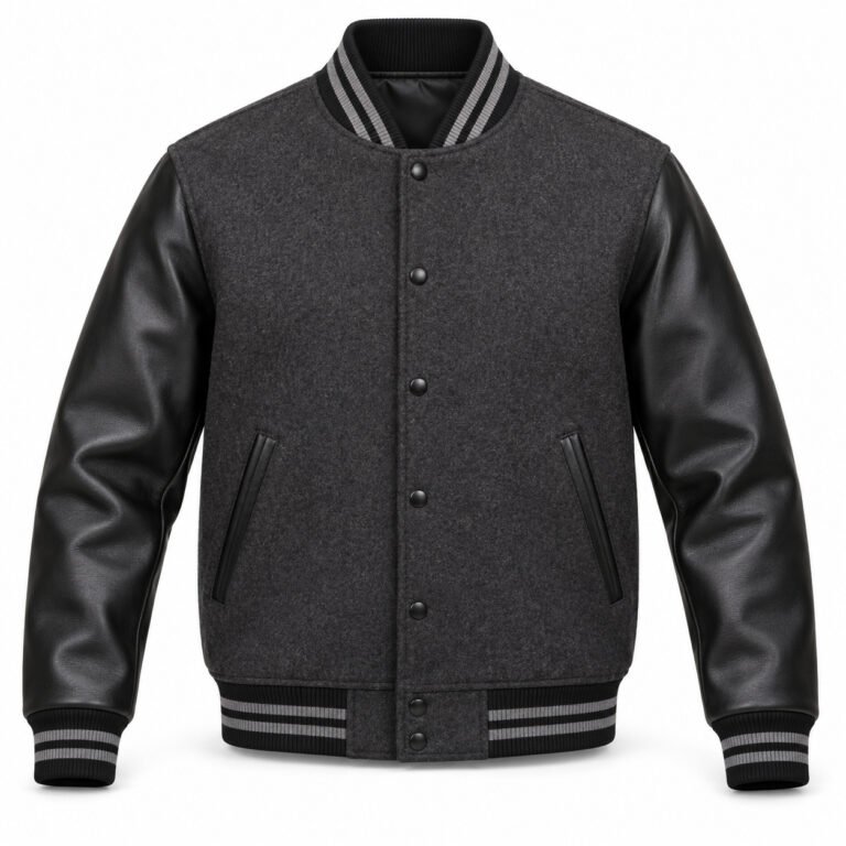 Men's Charcoal & Black Plain Varsity Jacket - Minimal Twin Stripe