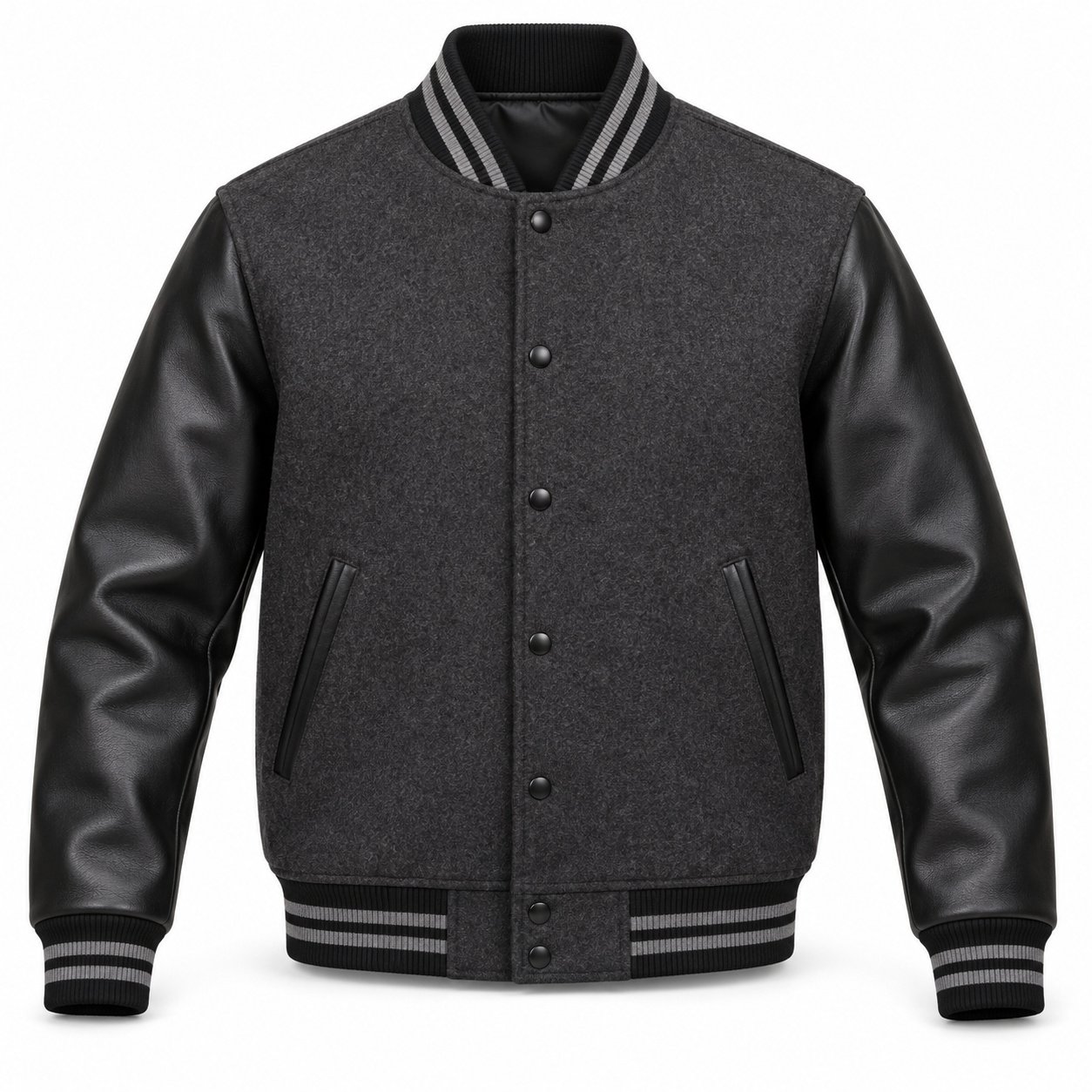 Men's Charcoal & Black Plain Varsity Jacket - Minimal Twin Stripe