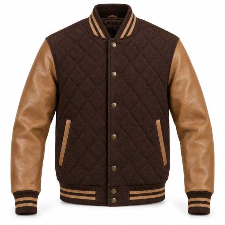 Men's Chocolate Brown & Tan Plain Varsity Jacket - Diamond Quilted Body