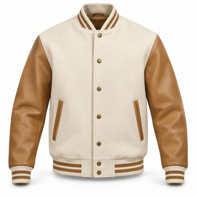 Men's Cream & Camel Plain Varsity Jacket - Stand Collar