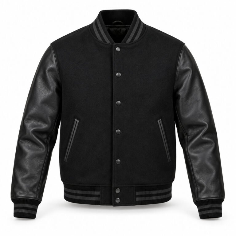 Men's Black Plain Varsity Jacket - Tonal Rib
