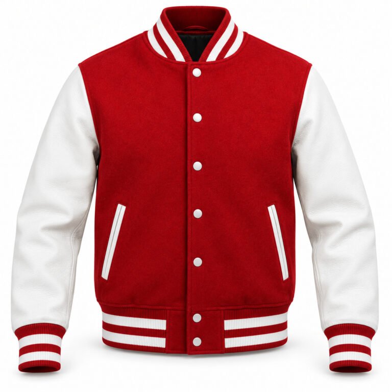 Men's Red & White Plain Varsity Jacket - Wide Stripe Rib