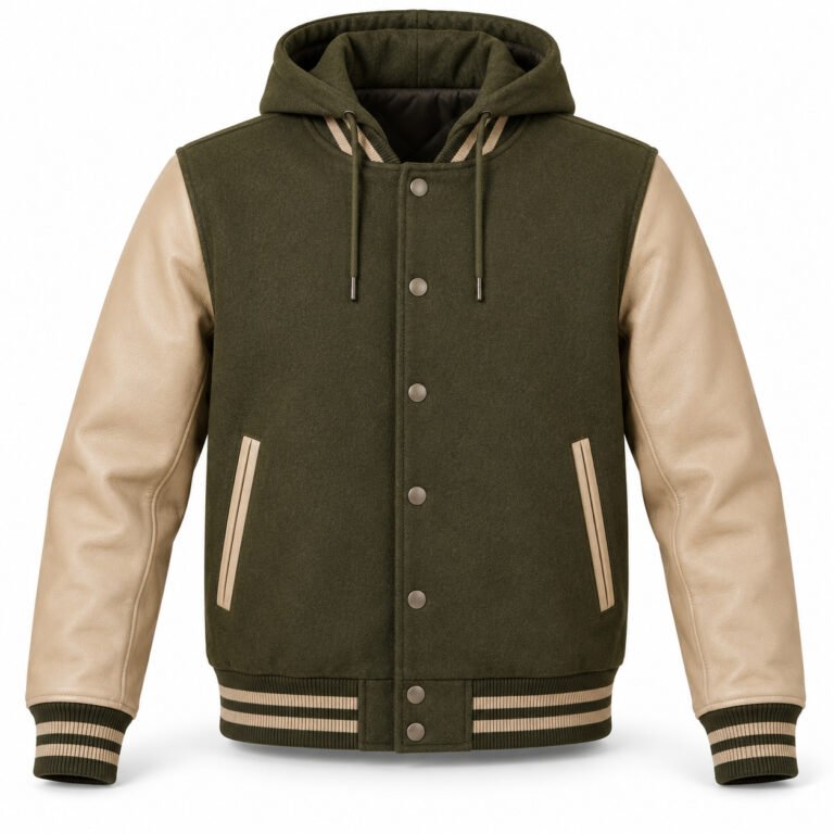 Men's Olive & Beige Plain Varsity Jacket - Hooded