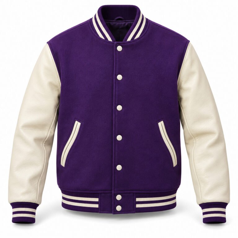 Men's Purple & Cream Plain Varsity Jacket - Curved Pocket