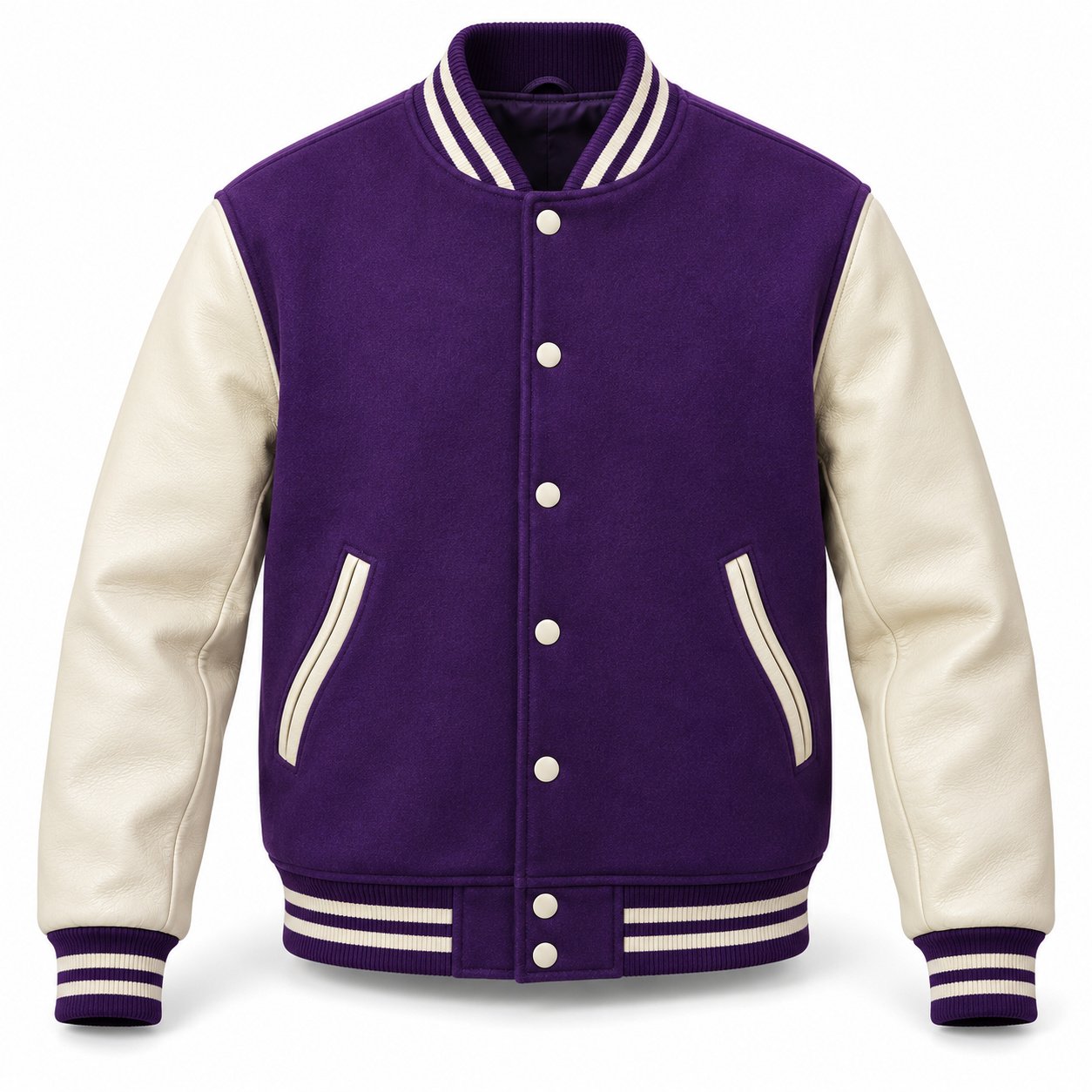 Men's Purple & Cream Plain Varsity Jacket - Curved Pocket