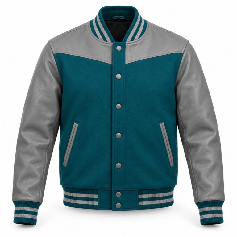 Men's Teal & Grey Plain Varsity Jacket - Colour Block Yoke