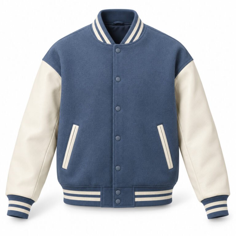 Men's Slate Blue & Ivory Plain Varsity Jacket - Dropped Shoulder