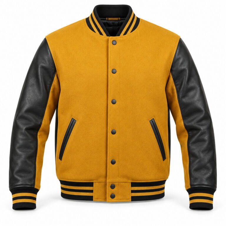 Men's Mustard & Black Plain Varsity Jacket - Contrast Side Panel