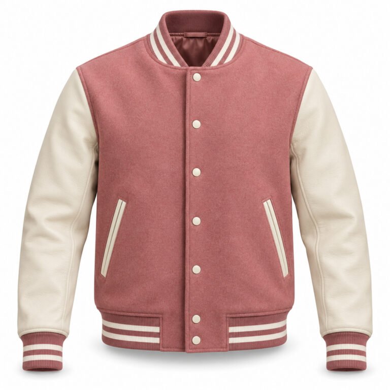 Men's Dusty Rose & Cream Plain Varsity Jacket - Clean Snap Front
