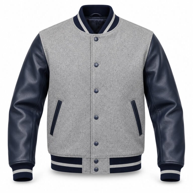 Men's Light Grey & Navy Plain Varsity Jacket - Single Stripe Rib