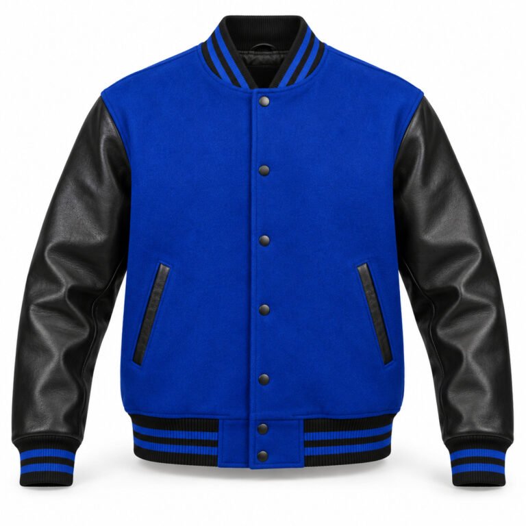 Men's Cobalt & Black Plain Varsity Jacket - Boxy Cut