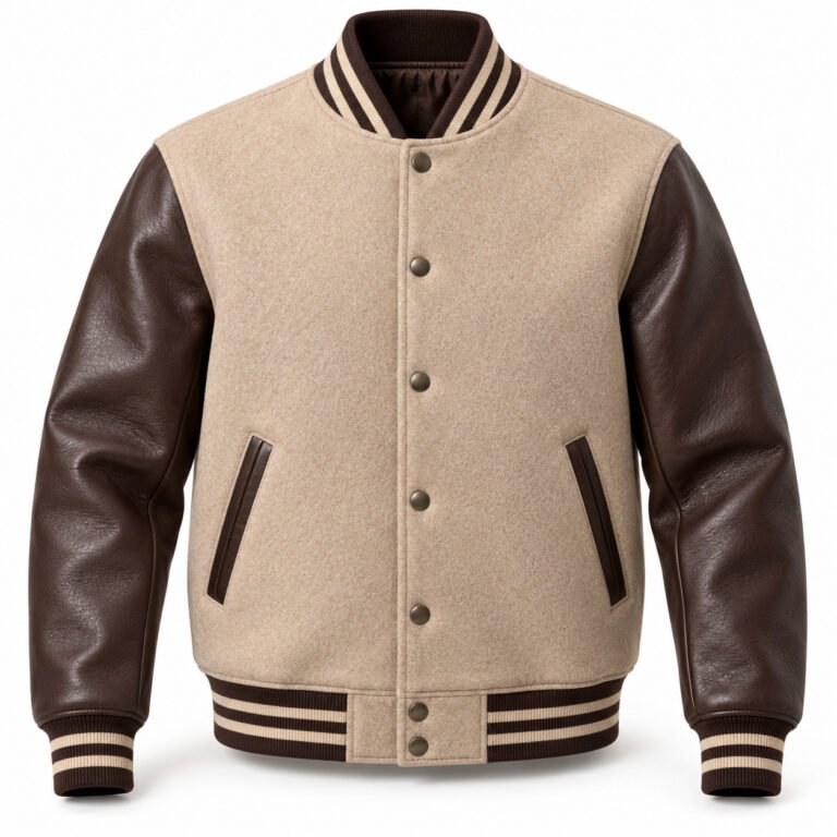 Men's Sand & Chocolate Plain Varsity Jacket - Textured Melton