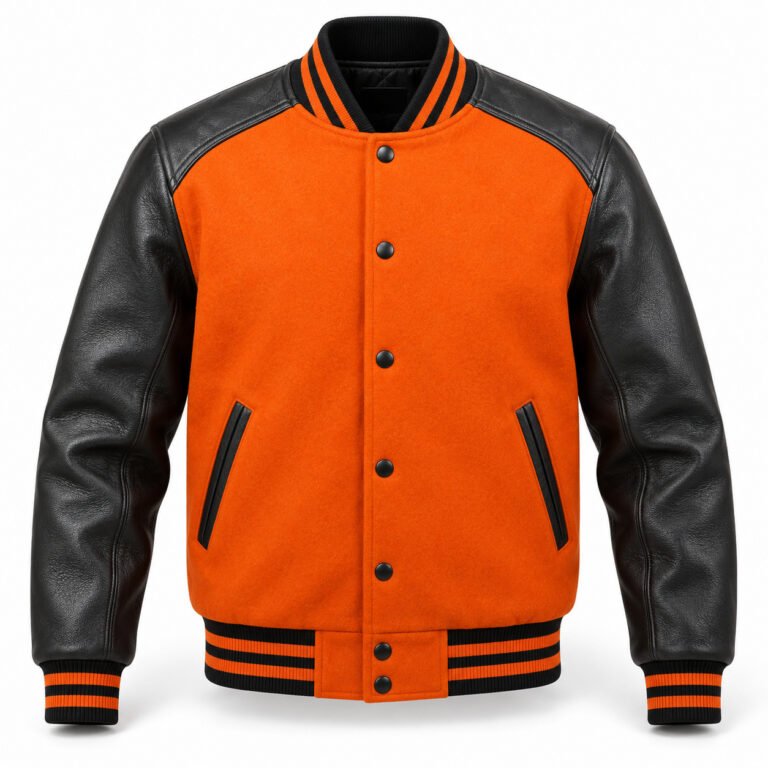 Men's Orange & Black Plain Varsity Jacket - Leather Shoulder Panel