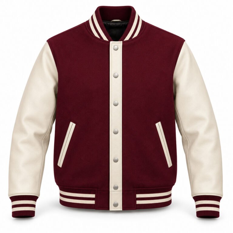 Men's Wine & Ivory Plain Varsity Jacket - Contrast Placket