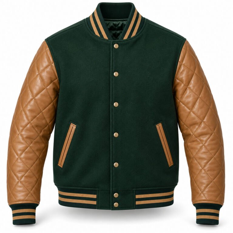 Men's Dark Green & Tan Plain Varsity Jacket - Quilted Leather Sleeve