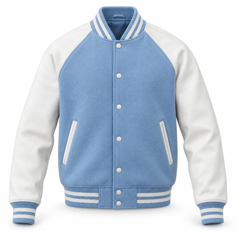 Men's Ice Blue & White Plain Varsity Jacket - Retro Raglan