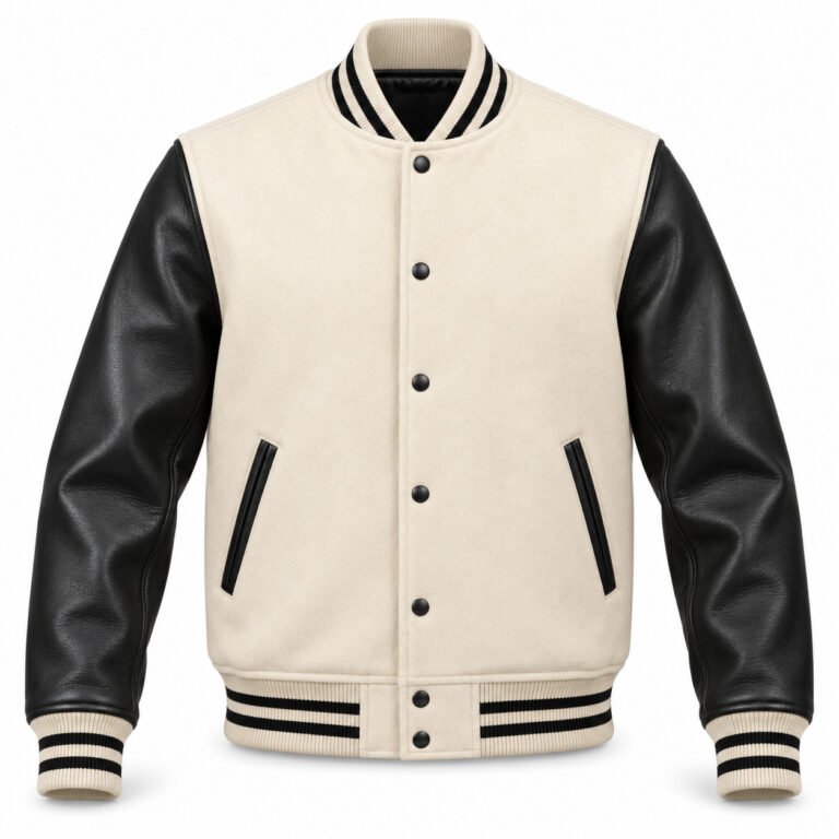 Men's Cream & Black Plain Varsity Jacket - Cream Trim