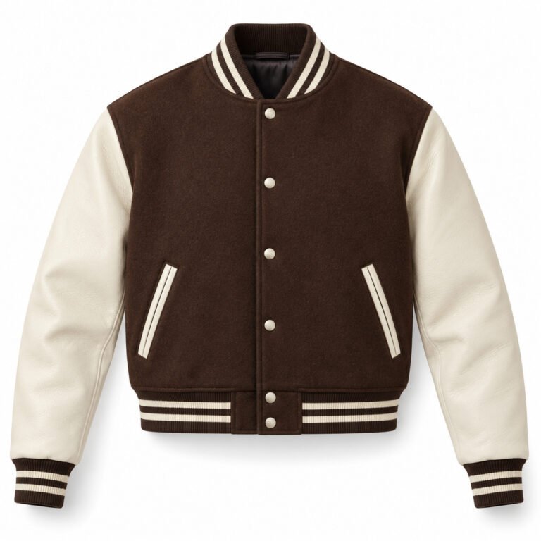 Men's Espresso & Ivory Plain Varsity Jacket - Cropped Boxy