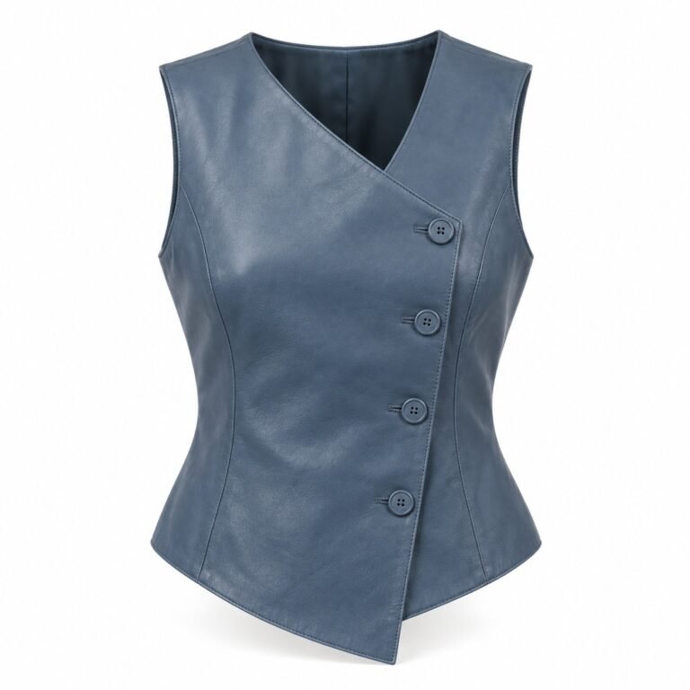 Women's Slate Blue Leather Vest Top - Asymmetric Button