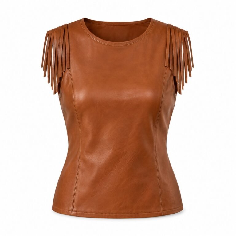 Women's Cognac Leather Top - Fringe Shoulder Shell