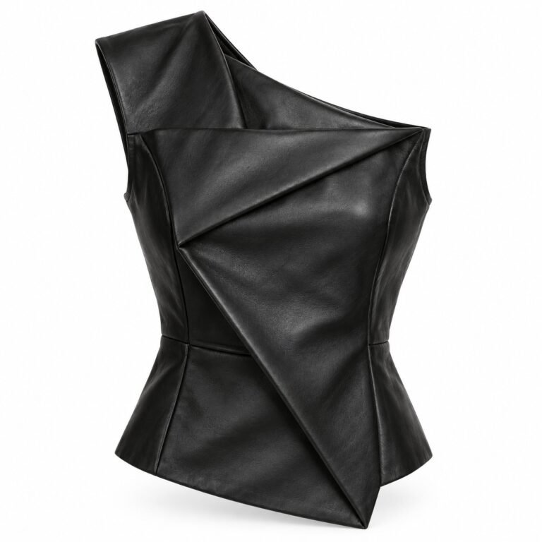 Women's Black Leather Top - Sculpted Origami