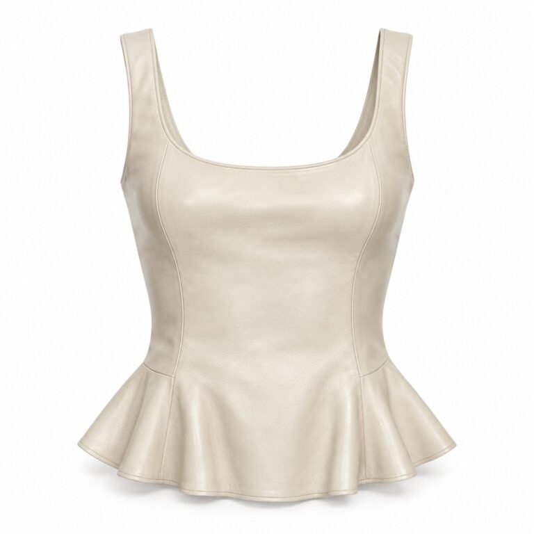 Women's Cream Leather Tank Top - Fluted Hem