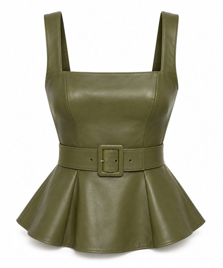 Women's Olive Leather Peplum Top - Panel Belt