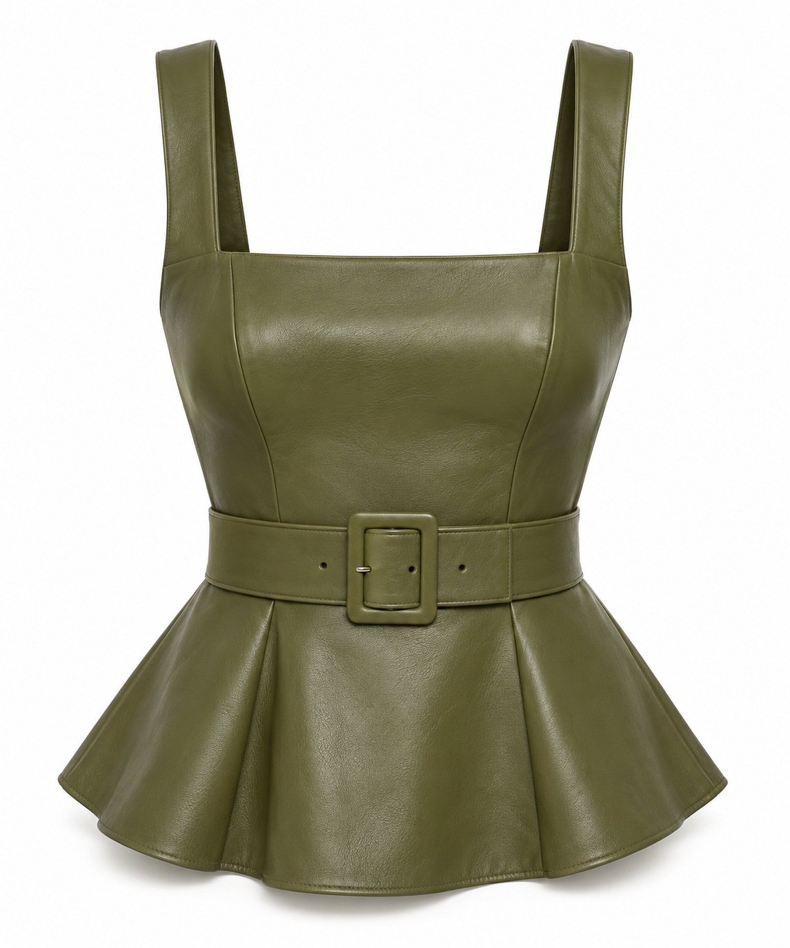 Women's Olive Leather Peplum Top - Panel Belt