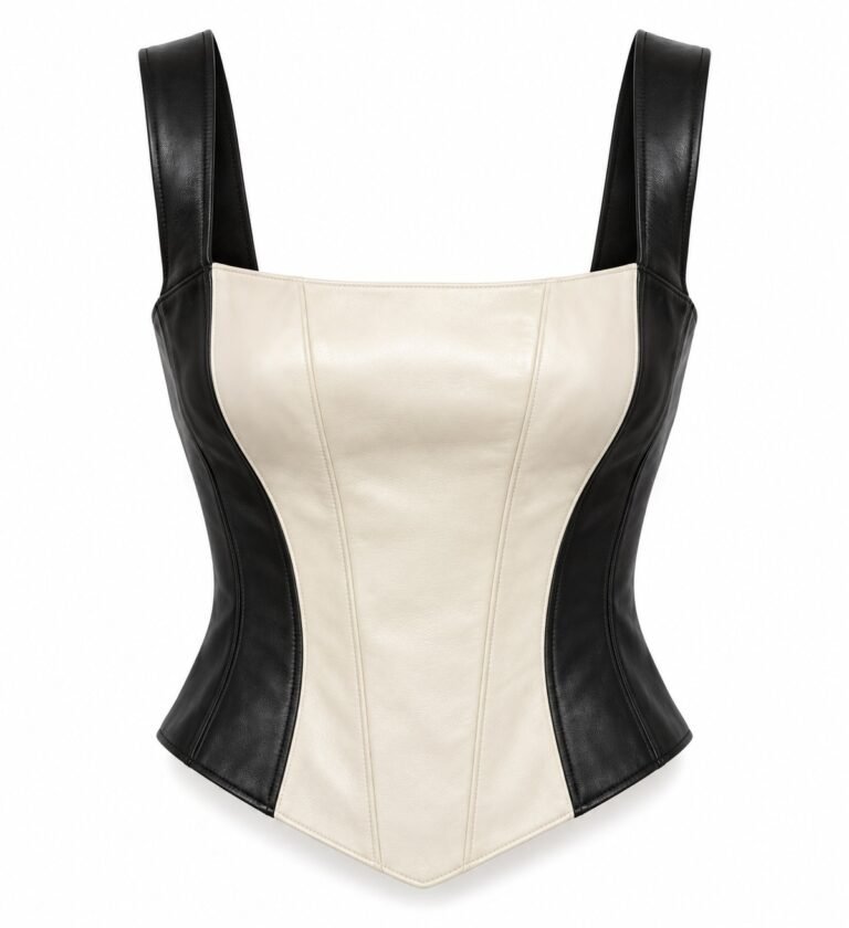 Women's Black and Ivory Leather Corset Top - Colorblock