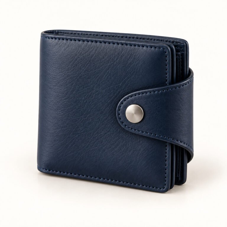 Navy Leather Trifold Wallet – Curved Snap Strap