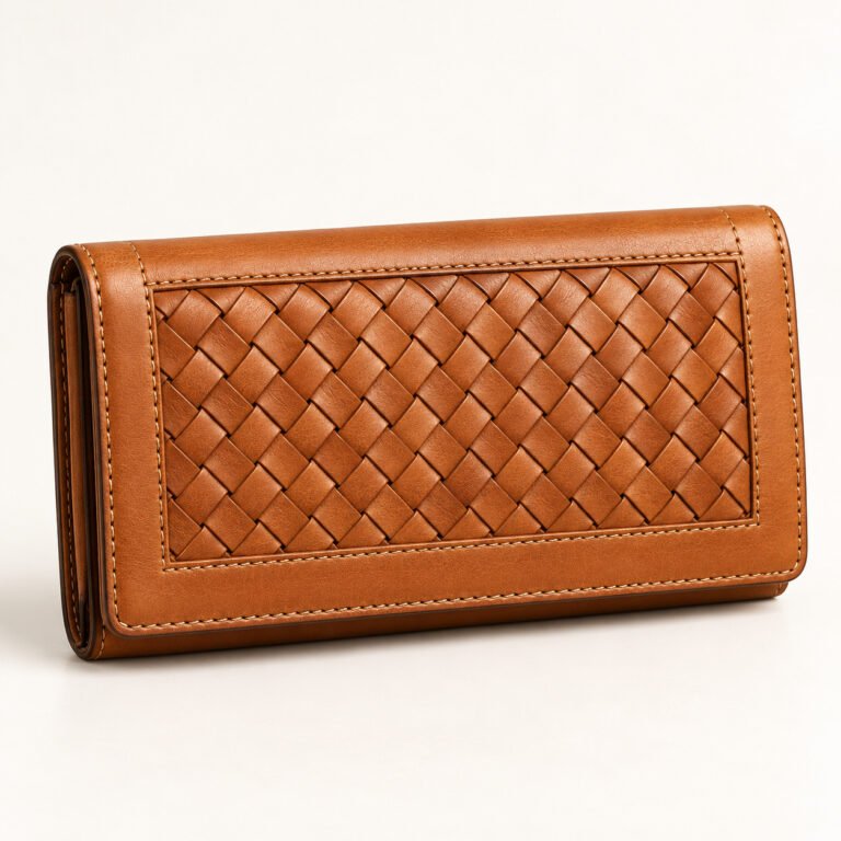 Tan Leather Long Wallet – Basketweave Panel
