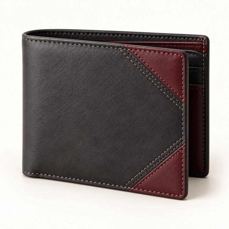Charcoal Leather Bifold Wallet – Burgundy Corner Tabs