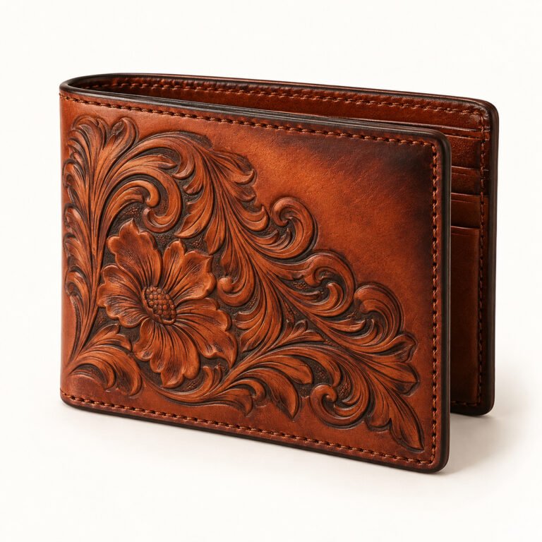 Brown Tooled Leather Bifold Wallet – Floral Pattern