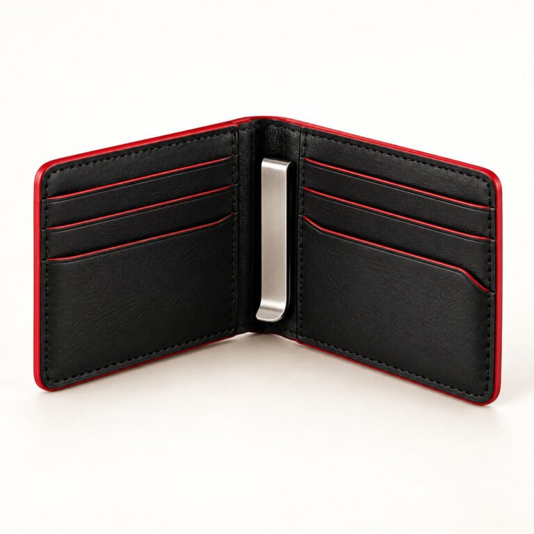 Black Leather Money Clip Wallet – Red Edge