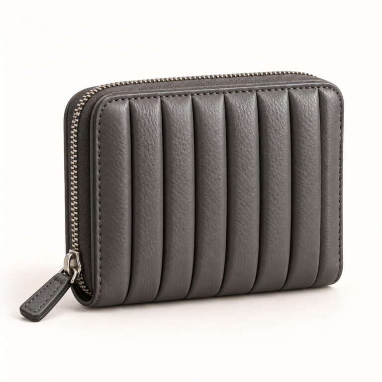 Gray Leather Zip Wallet – Raised Ribbed Panel
