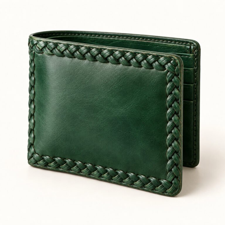 Green Leather Bifold Wallet – Braided Border