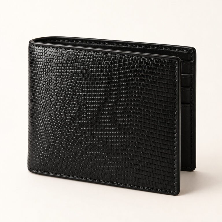 Black Embossed Leather Bifold Wallet – Lizard Pattern