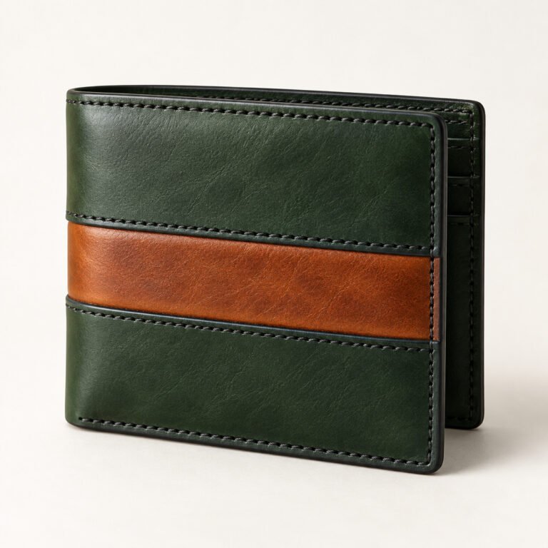Green Leather Bifold Wallet – Cognac Band