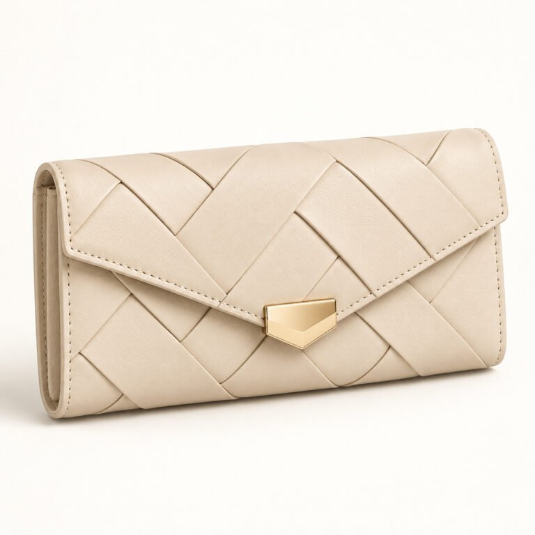 Cream Woven Leather Clutch Wallet – Diagonal Flap