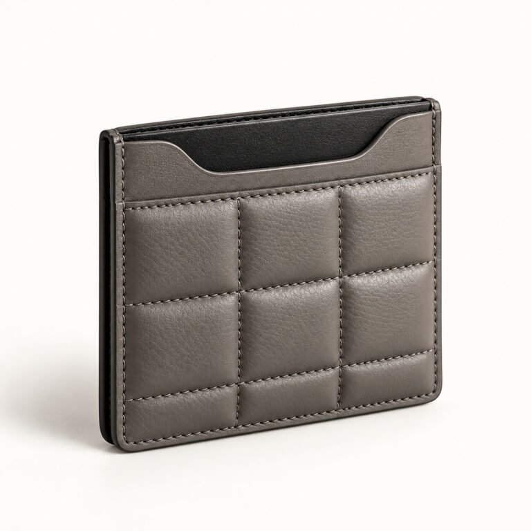 Gray Quilted Leather Card Wallet – Square Grid